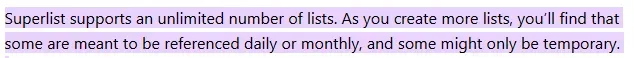 Highlighted line from Superlist's help docs reading "Superlist supports an unlimited number of lists"
