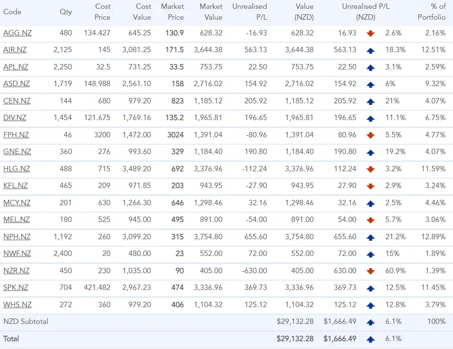 Broker holdings table of 17 NZ stocks, subtotal $29,132.28 with unrealised profit $1,666.49 (6.1%)