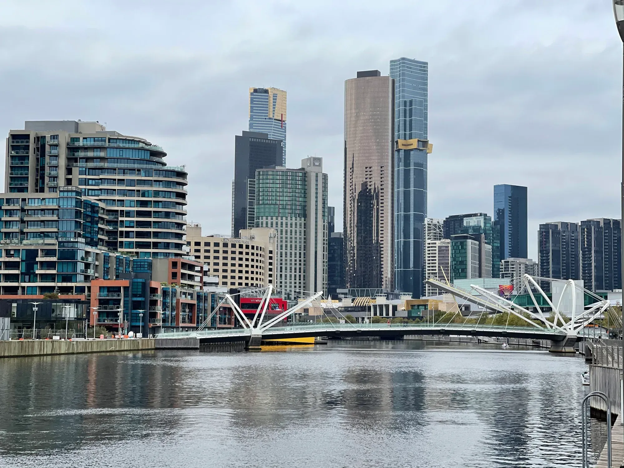 White-masted footbridge over the Yarra with Crown and the Southbank towers under grey cloud
