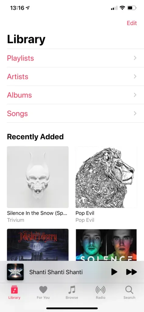 iPhone Library tab listing Playlists, Artists, Albums and Songs above a Recently Added grid
