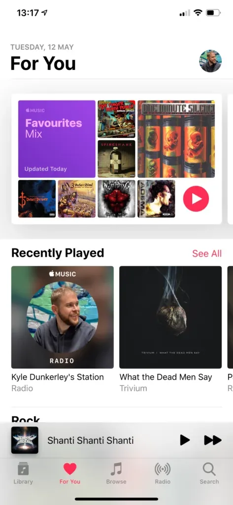 iPhone For You tab with a Favourites Mix card and Recently Played, including Kyle Dunkerley's Station