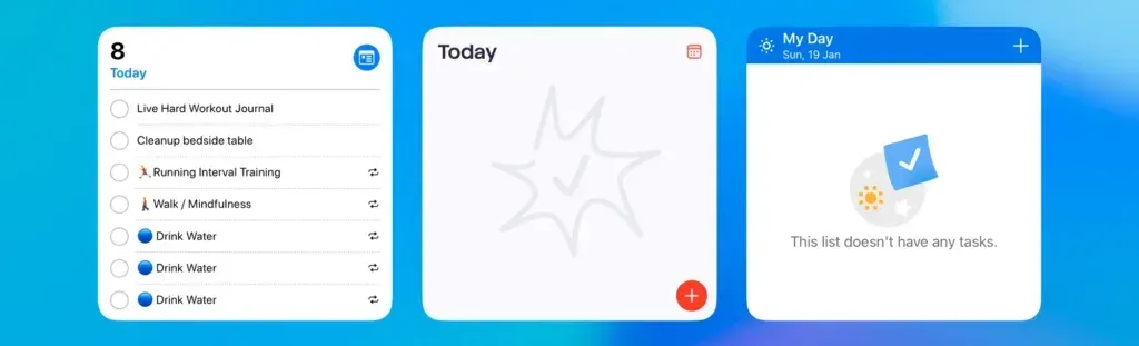 The same three widgets once cleared: Reminders still lists eight items while Superlist and To-Do show empty states