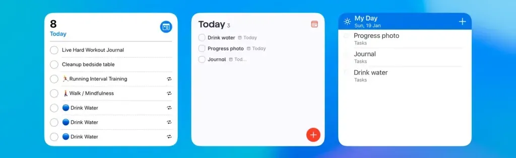 The three widgets holding tasks: eight items in Reminders, three in Superlist, three in To-Do, the last two with add buttons