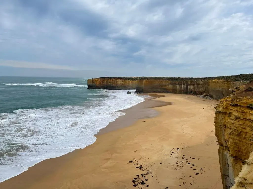 A long curve of empty sand below sheer cliffs, with kelp scattered across it