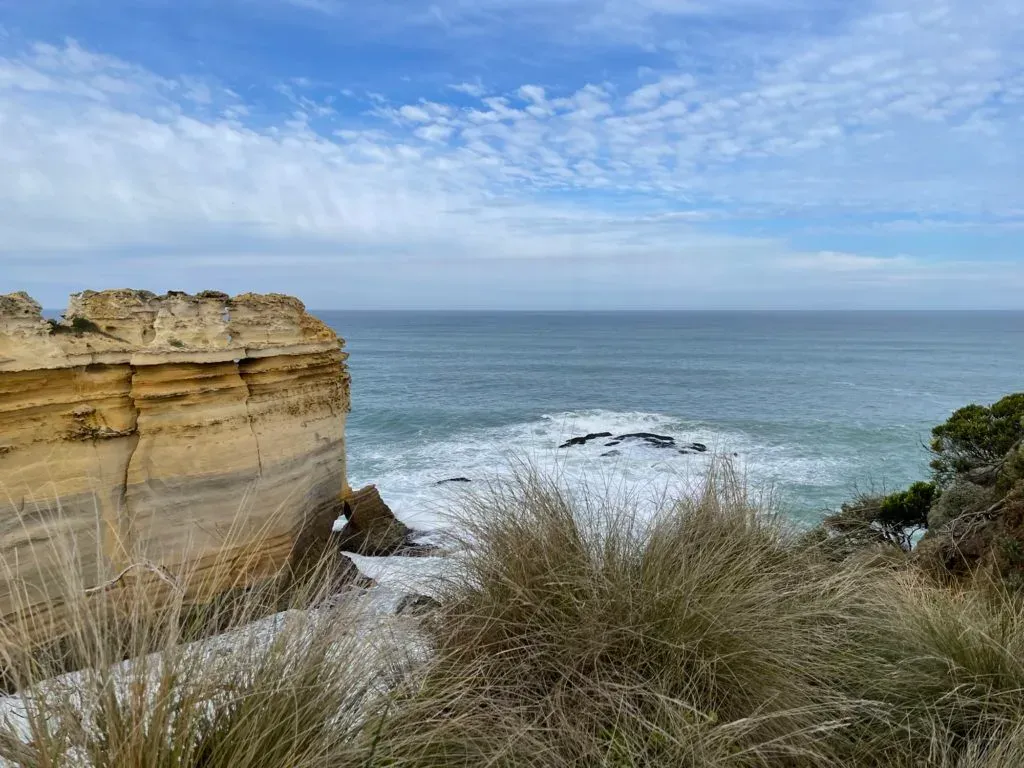 A square-cut block of cliff beside the open ocean, framed by windblown tussock