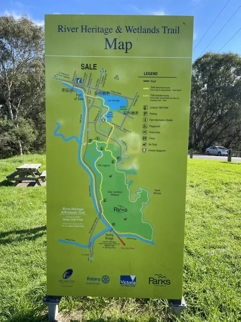 River Heritage and Wetlands Trail map board for Sale, You Are Here marked at the Swing Bridge
