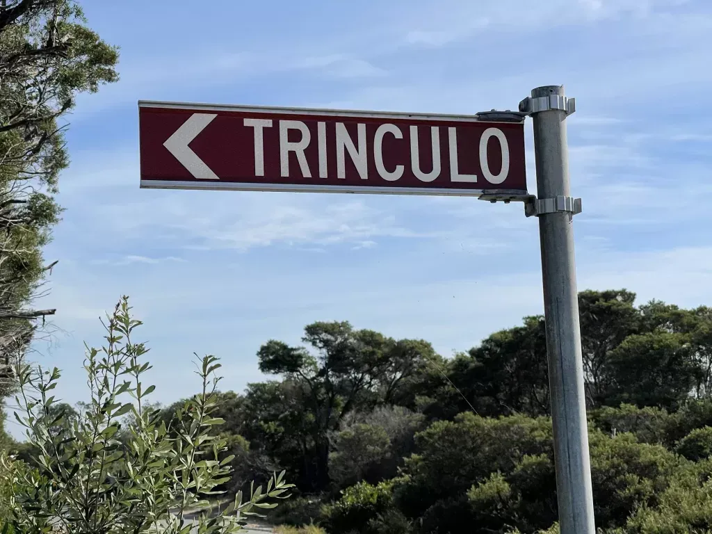 Maroon street sign with a left arrow reading Trinculo