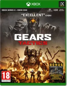 Gears Tactics Xbox box art, a huge armoured monster looming over COG soldiers, with IGN's "Excellent" quote